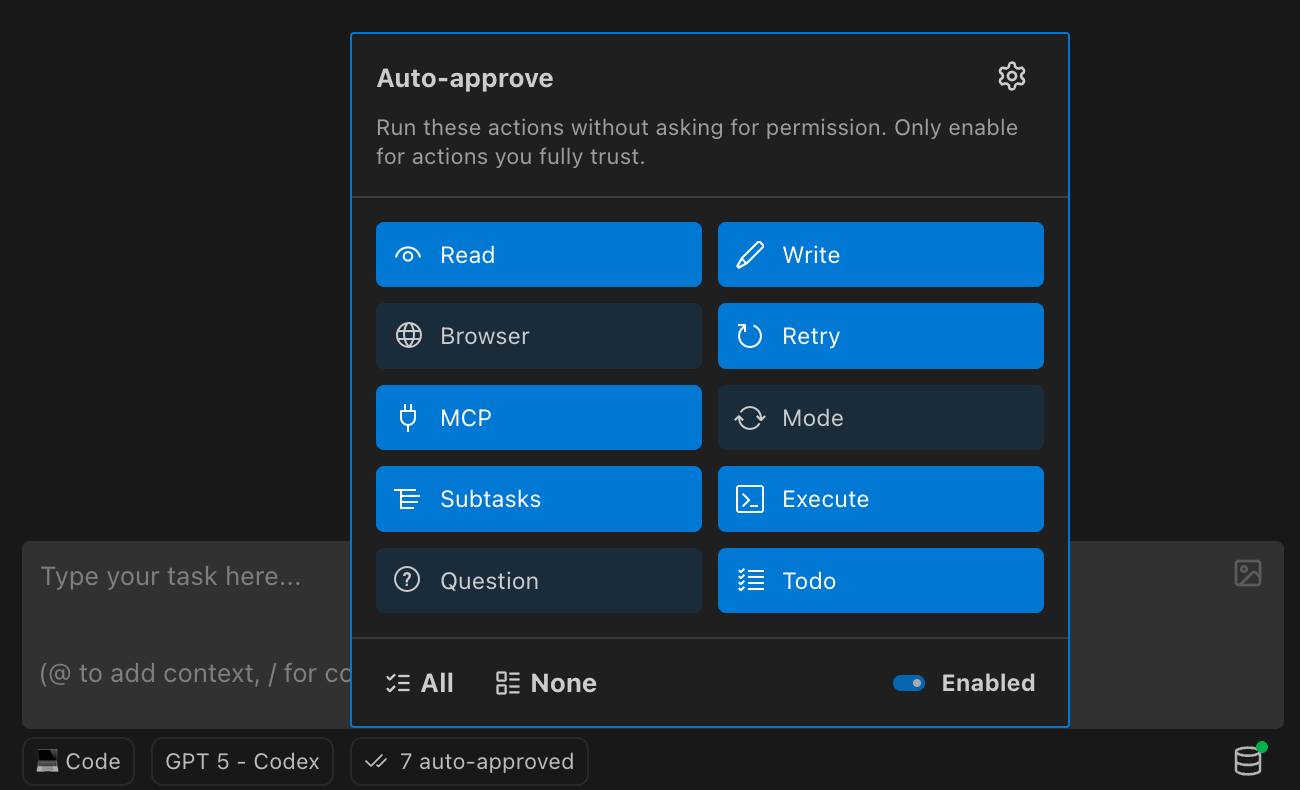 Auto-Approve dropdown with All/None chips and global Enabled toggle (bottom-right)