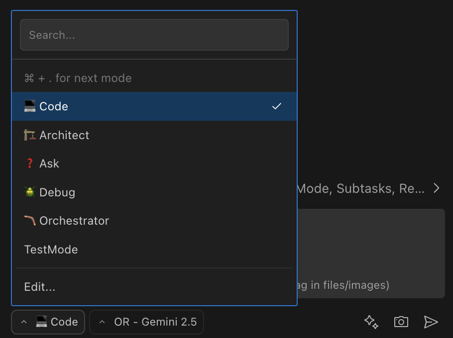 Using the dropdown menu to switch modes